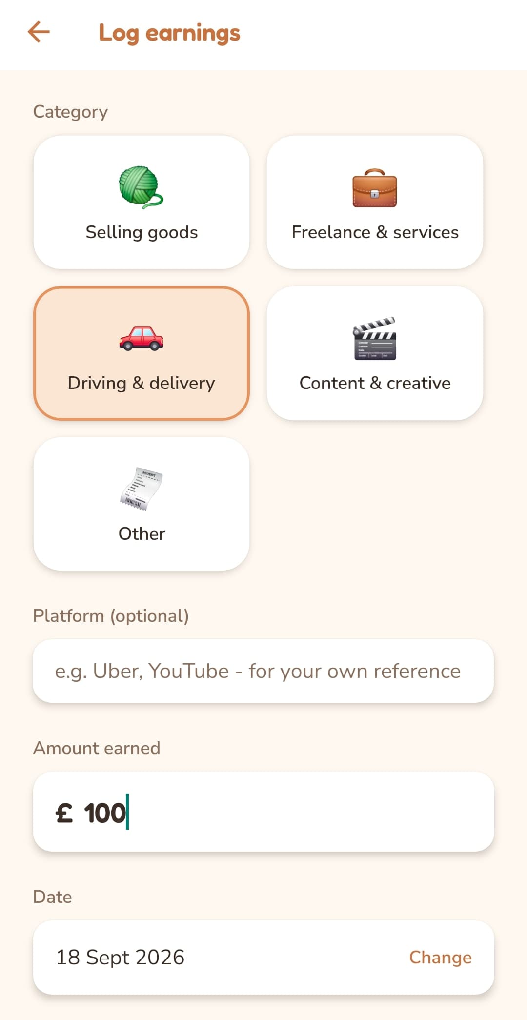 Hamster’s Log earnings screen, with categories for selling goods, freelance work, driving and delivery, and content creation.